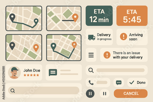 Delivery tracking screen shows route and estimated time of arrival with updates for John Doe's order