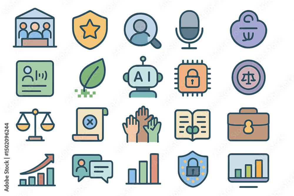 Icons representing various concepts of security, technology, and community engagement in a modern digital landscape Icons representing various concepts of security, technology, and community engagement in a modern digital landscape