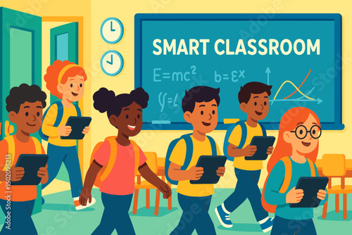 Students actively engage in learning with tablets in a modern classroom during a school day at Smart Classroom