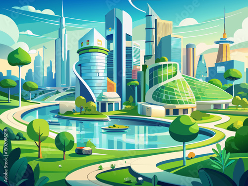 vector of Green urban canopy. A modern city with integrated green spaces, which reflects an environmentally conscious urban design. Skyscrapers and clear sky.