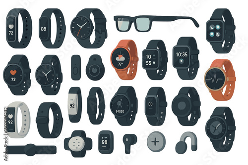 Collection of modern wearable technology including smartwatches and fitness trackers displayed on a white background