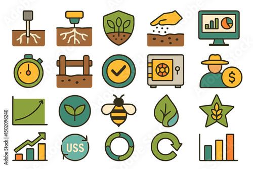 Various illustrations of environmental sustainability concepts including soil, plants, and growth data visualizations