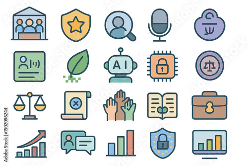 Icons representing various concepts of security, technology, and community engagement in a modern digital landscape