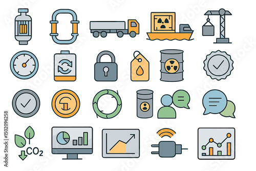 Icons representing environmental issues, energy management, and pollution monitoring in a modern context