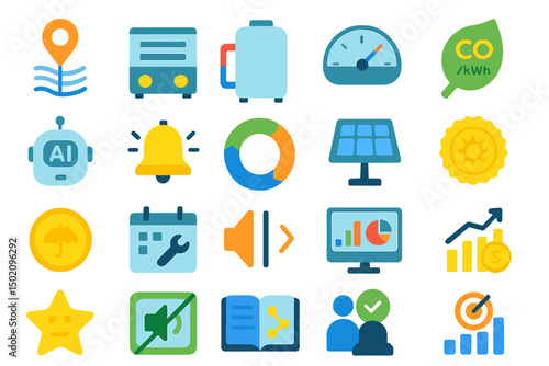 Colorful icons representing technology, sustainability, and data analysis arranged in a grid for easy visual reference