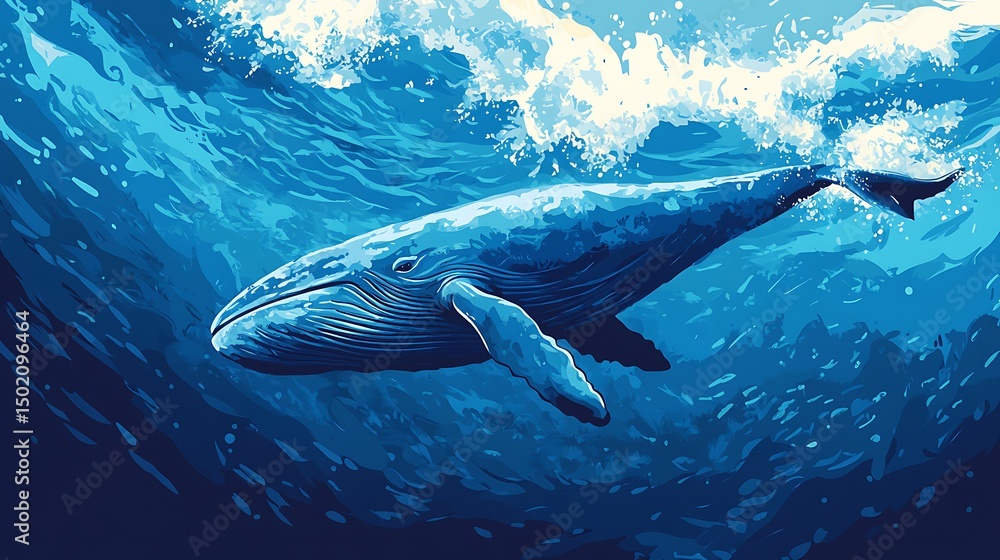Fototapeta premium Majestic blue whale swimming through deep ocean waters.