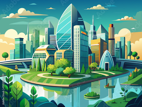 vector of Green urban canopy. A modern city with integrated green spaces, which reflects an environmentally conscious urban design. Skyscrapers and clear sky.