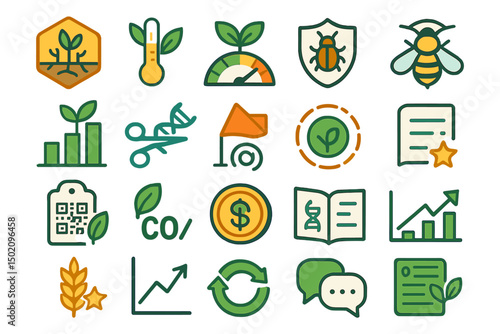 Illustrative collection of eco-friendly icons representing sustainability, agriculture, and environmental conservation themes