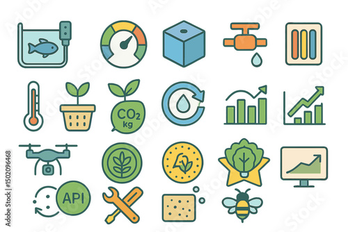 Visual representation of sustainable technology and environmental monitoring tools used in agriculture and aquaculture