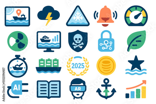 Icons representing various maritime safety and technology themes for a comprehensive training program in 2025