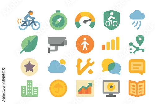 Icons representing various activities, weather, and urban elements in a flat design style for digital applications
