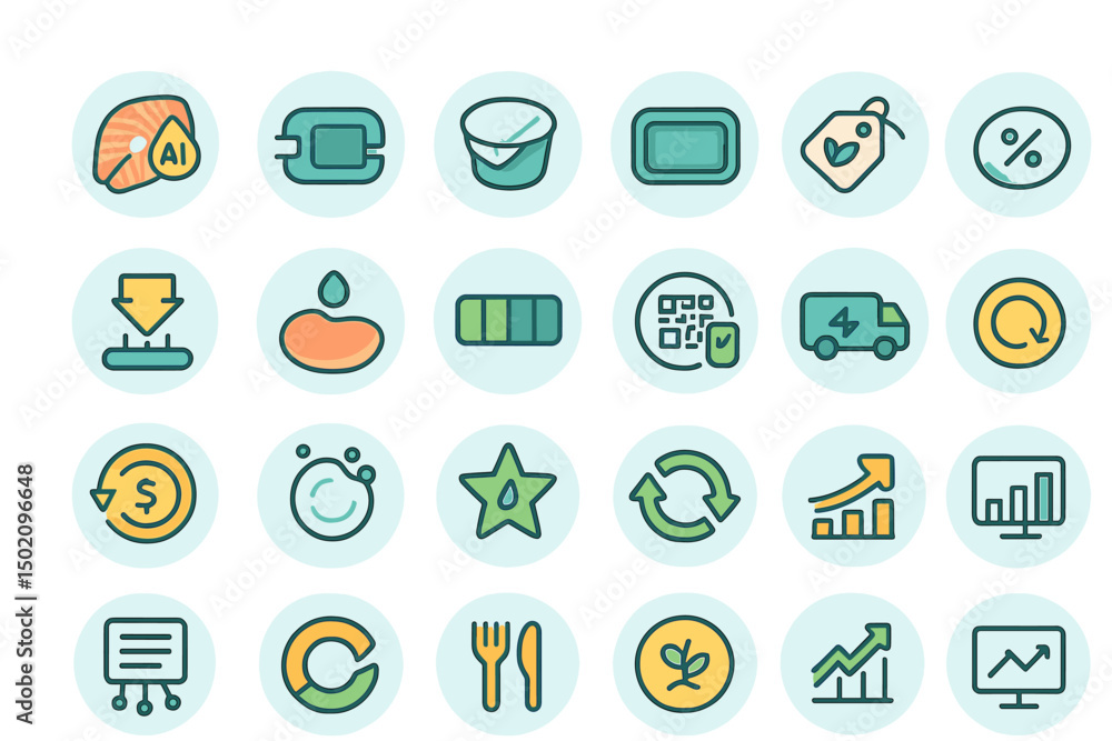 Collection of colorful icons representing various tech, food, and service concepts in a modern design style Collection of colorful icons representing various tech, food, and service concepts in a modern design style