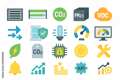 Icons representing air quality metrics and environmental data visualization tools used for monitoring pollution levels and improving sustainability