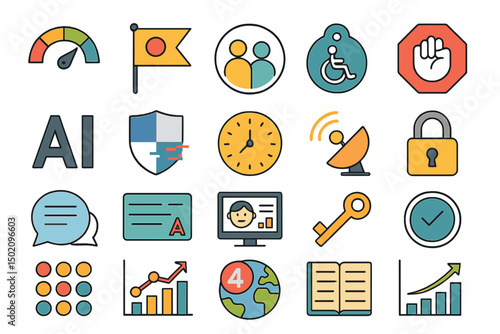 Variety of digital icons representing technology, accessibility, and communication in a colorful design