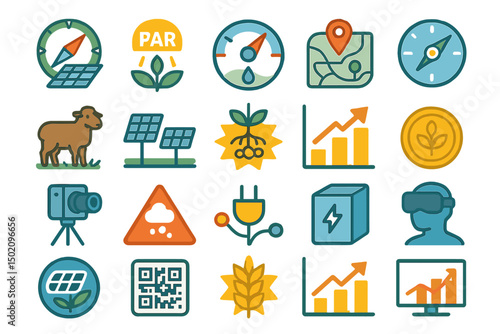 Illustrative icons representing renewable energy, technology, and agriculture concepts for sustainable development