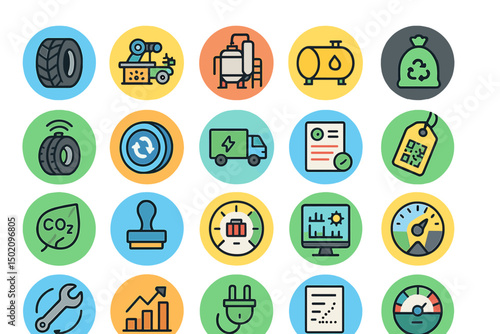 Icons representing sustainable practices and environmental awareness in various industries for educational purposes