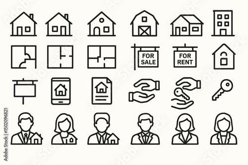 Icons representing real estate activities, listings, and transactions related to buying and renting properties