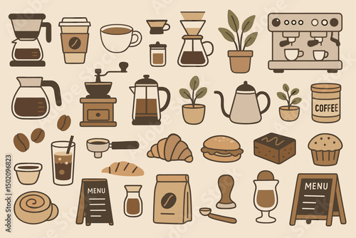 Stylized coffee and bakery elements displayed on a pastel background for a cozy cafe atmosphere