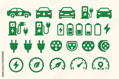 Electric vehicle icons and symbols representing charging, battery levels, and power indicators in green design