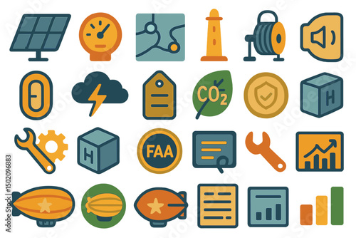 Collection of colorful icons representing renewable energy, technology, and environmental themes displayed on a white background