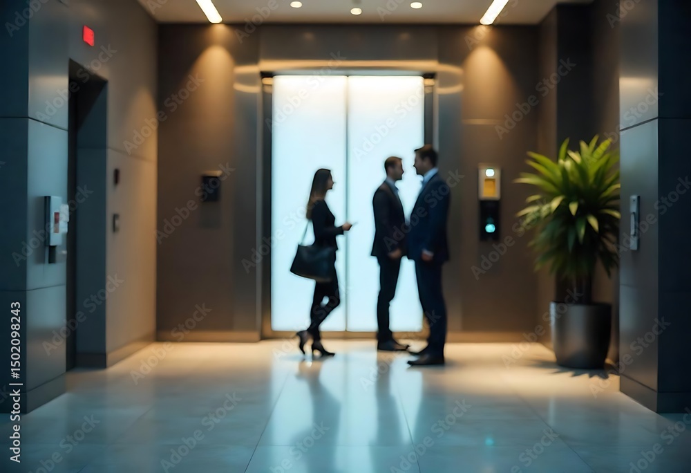 Fototapeta premium Generative AI Business professionals await the elevator doors in a modern corporate lobby