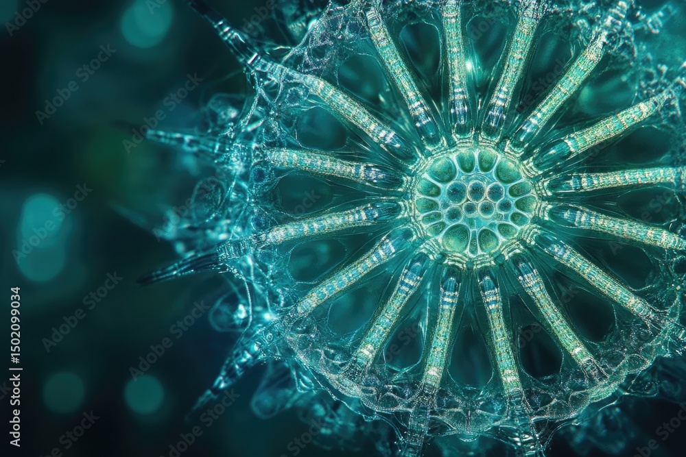 Fototapeta premium A close-up shows a delicate, translucent aquatic plant structure radiating outwards in a circular pattern against a soft, blurred blue-green background.