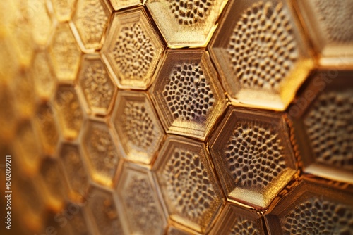 A golden honeycomb structure with a textured pattern, creating a mesmerizing, abstract and geometric visual with a warm, luxurious feel.