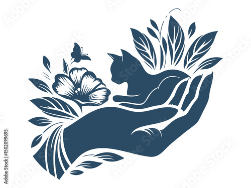Elegant Hand Holding Cat Silhouette with Botanical Elements – Pet Care and Animal Welfare Symbol in Floral Style