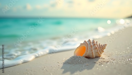 Seashell Resting on Sandy Beach with Turquoise Water