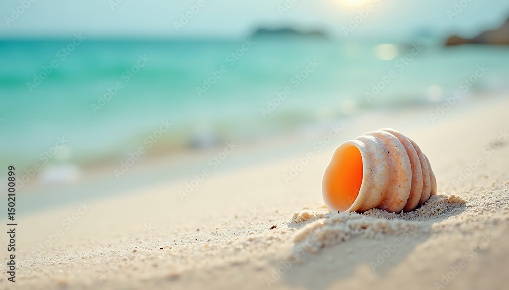 Obraz premium Seashell on Sandy Beach with Ocean View Vacation Concept