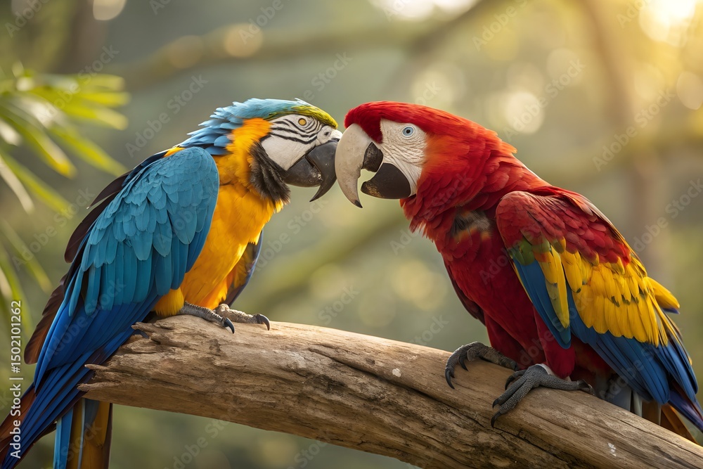 Obraz premium Blue and gold macaw and scarlet macaw birds affectionately touching beaks on branch
