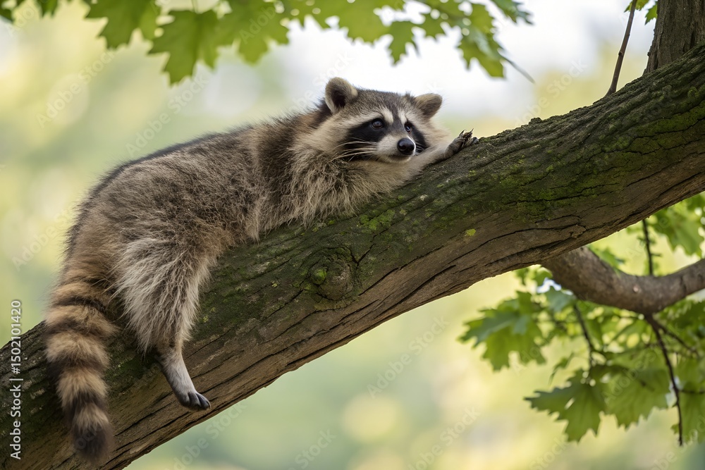 Fototapeta premium Relaxed raccoon resting on a tree branch in nature