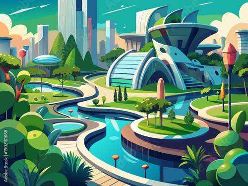 vector of Futuristic Boom City Park. A dream urban park design that combines lush greenery with sleek and organic architectural forms. Features of water