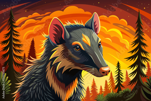 Nocturnal solenodon cautiously moving through dense forest vector illustration background