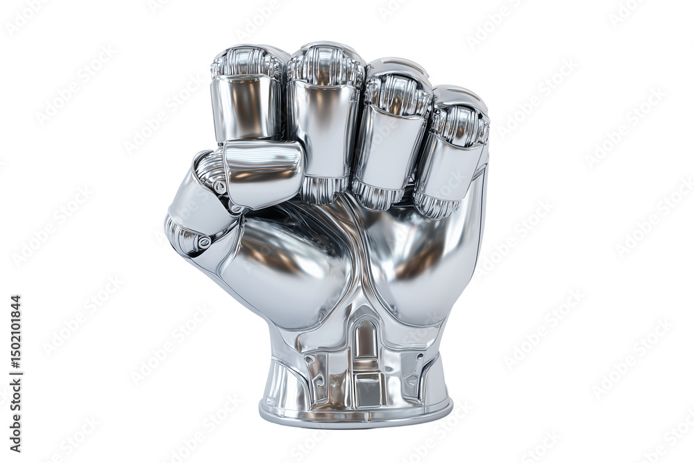A set of high-tech robotic fists in chrome with gleaming reflections and raised stance, isolated on a transparent background A set of high-tech robotic fists in chrome with gleaming reflections and raised stance, isolated on a transparent background