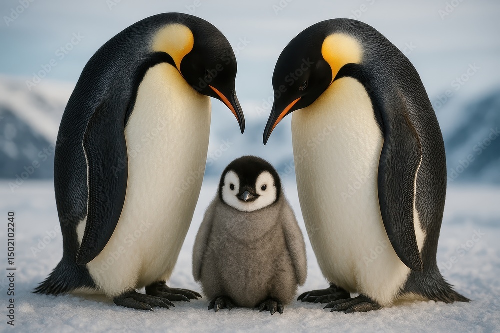Fototapeta premium Emperor penguin family taking care of chick on ice