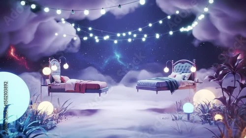 Dreamscape Fantasy With Floating Beds And Starry Sky Above The Clouds