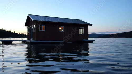 Floating Retreat Cabin Serene Lakeside View At Sunset