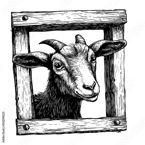 A whimsical goat peers out from a rustic wooden frame, its curious eyes and detailed features, creating an endearing illustrative image.