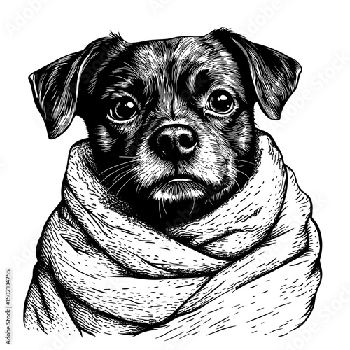 Cute dog wrapped in a blanket, black and white illustration style.