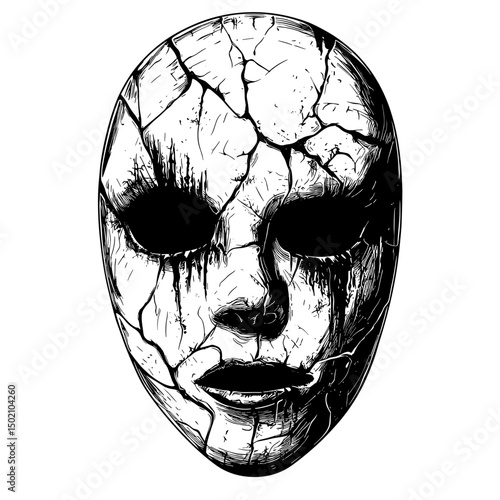 An enigmatic mask with cracks and fissures hinting at hidden emotions. A powerful depiction of shattered illusions and concealed depths.