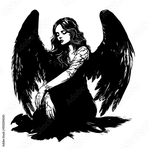 A sorrowful angel with ebony wings finds solace. In this artistic monochromatic drawing, a celestial figure, shrouded in dark hues, embodies melancholic introspection.