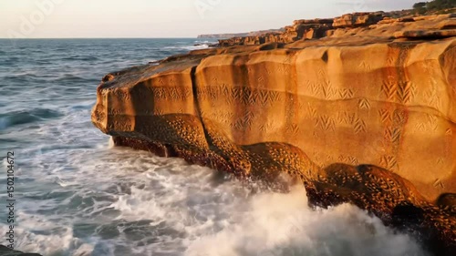 Waves Crashing Against Sandstone Cliffs With Ancient Aboriginal Engravings