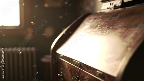 Vintage Writing Desk Rich Wood Details With Dust Floating In Air
