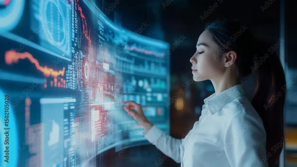 Woman interacts with a futuristic, large interactive display filled with data and information, showcasing advanced technology and digital innovation. Woman interacts with a futuristic, large interactive display filled with data and information, showcasing advanced technology and digital innovation.