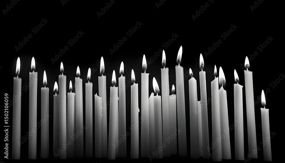 Many burning candles on black background, closeup. Space for text Many burning candles on black background, closeup. Space for text