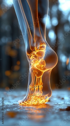 An advertising shot of a person's painful ankle, with a close-up of a hand holding the foot against a white background. The image includes an x-ray scan
