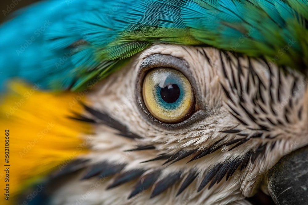 Obraz premium Blue and gold macaw eye close up vivid feathers tropical bird