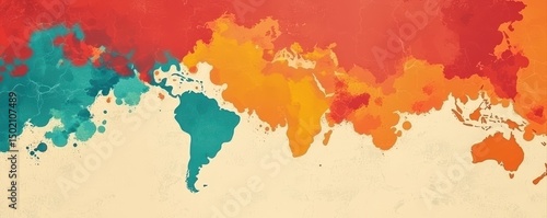 A colorful, artistic world map with continents depicted in vibrant watercolor splashes on a textured background.