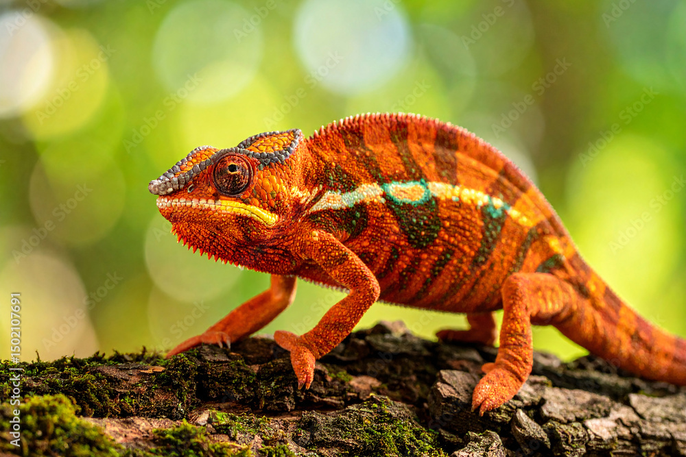 Fototapeta premium Chameleon Blending with Nature Brightly Displaying its Vibrant Hues